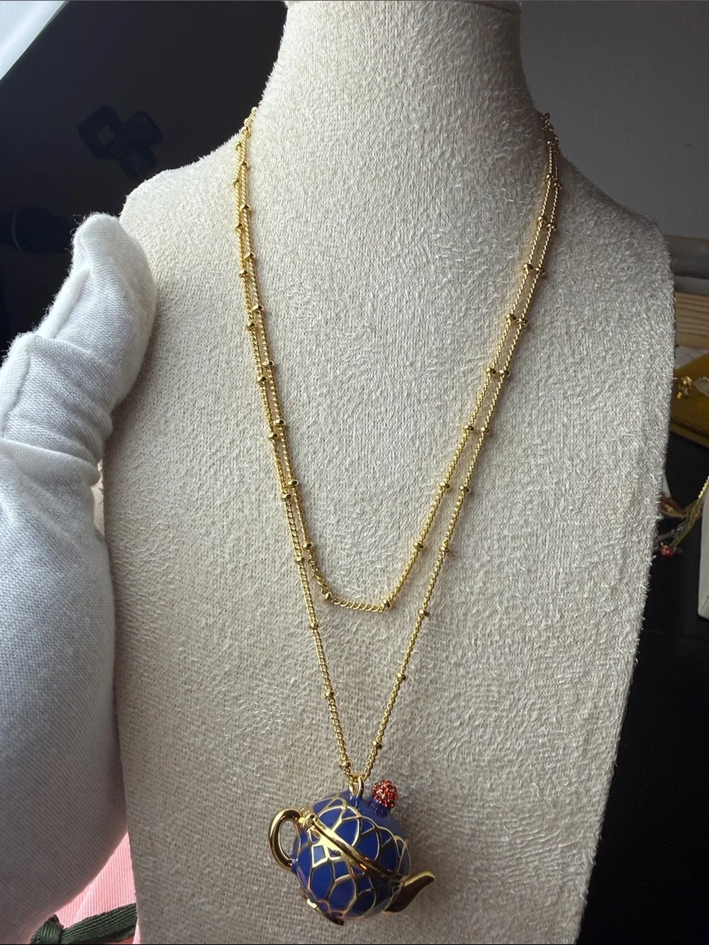 kate spade Gold-Tone Necklace with Blue Enamel Teapot and Red Accent
